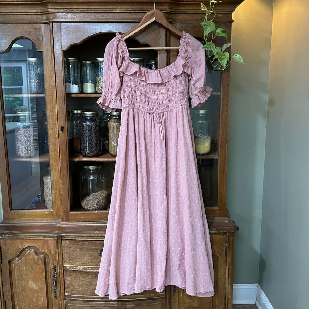 Square Neck Smocked Cottagecore Pastel Pink Feminine Whimsical Dress
